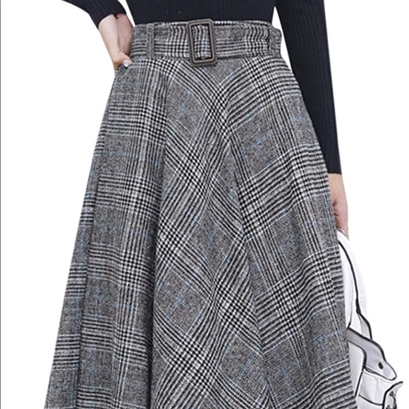 Cute Elastic Waist Plaid Check Belted Midi Skirt - Picture 2 of 13